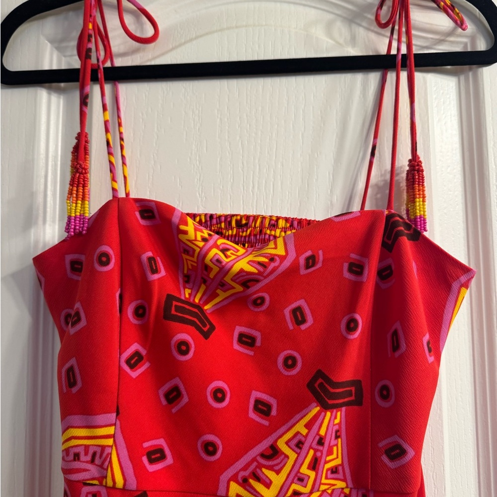 NWOT House of Harlow 1960 Red Banana Midi Dress Spaghetti Tie Strap Beaded - Picture 3 of 5